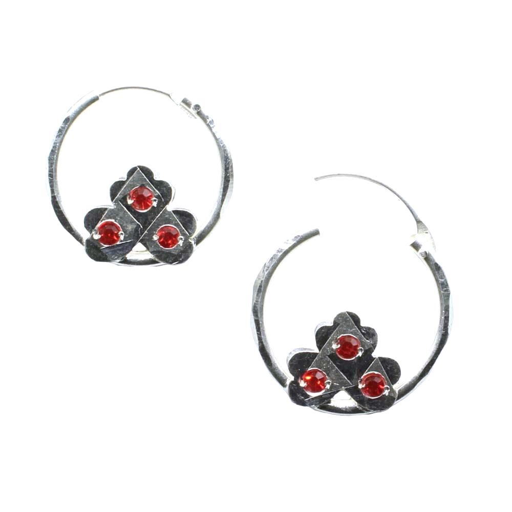  silver hoop hinged earrings for women - red stone