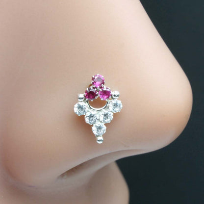 Real Silver Nose Ring with White and pink Shiny Stones for women