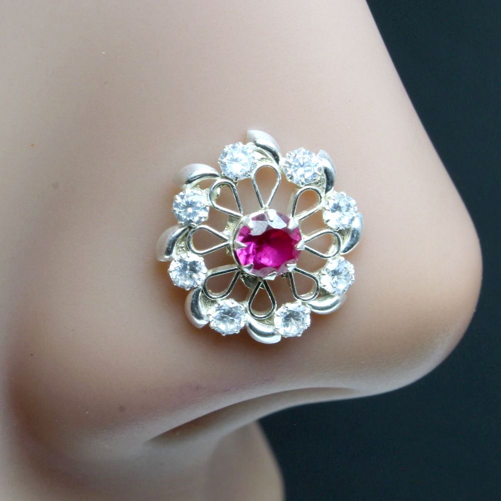 Real 925 Silver Pink White CZ Nose pin 