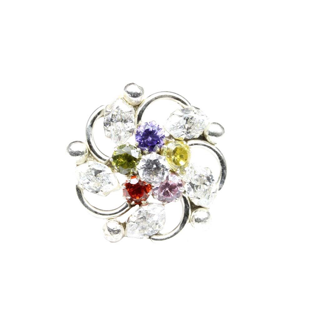 Women Silver Nose Pin With Multiple-color stones