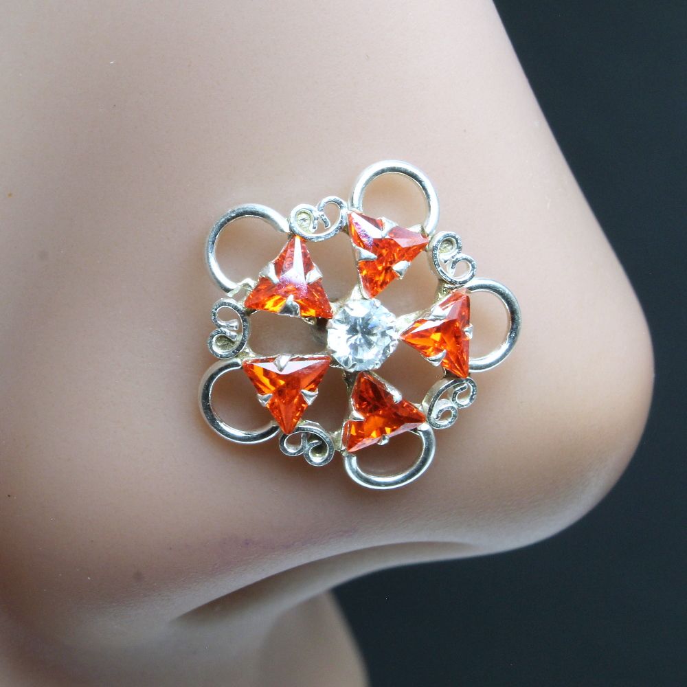 Indian Style Real 925 Silver CZ Nose pin with orange stones 