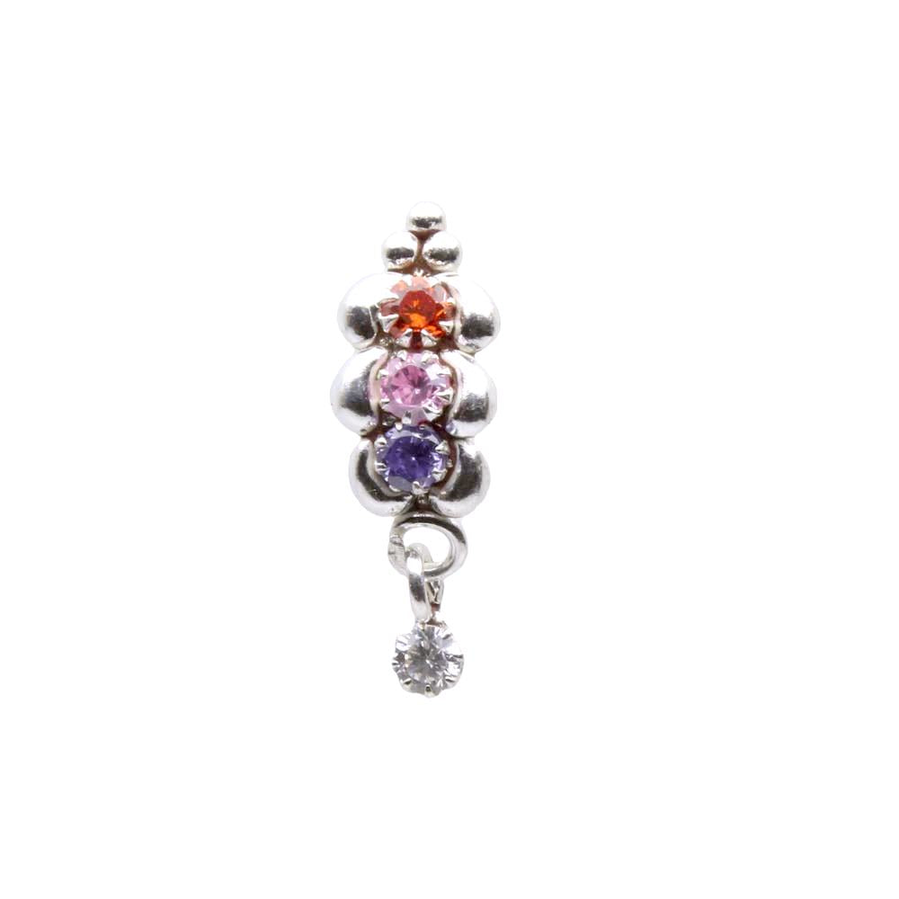 Women Silver Nose Pin With Multiple-color stones