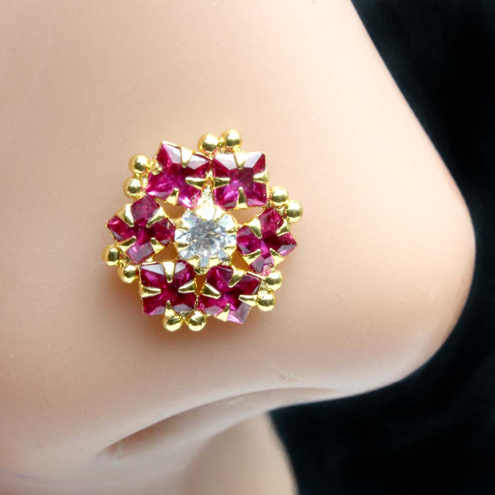 Indian Gold Plated Nose Stud Pink White CZ Twisted nose ring 22g