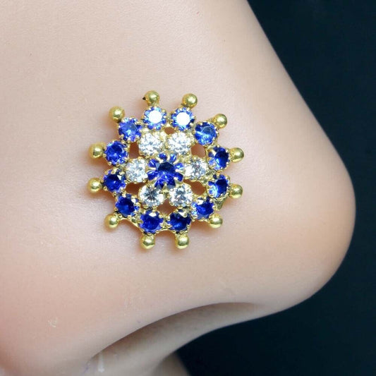 Big Floral Gold Plated Nose Stud Blue White CZ L Bend nose ring 22g