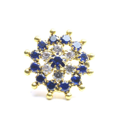 Big Floral Gold Plated Nose Stud Blue White CZ L Bend nose ring 22g