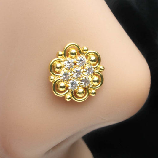 Beautiful Gold Plated Nose Stud White CZ L Bend nose ring 22g