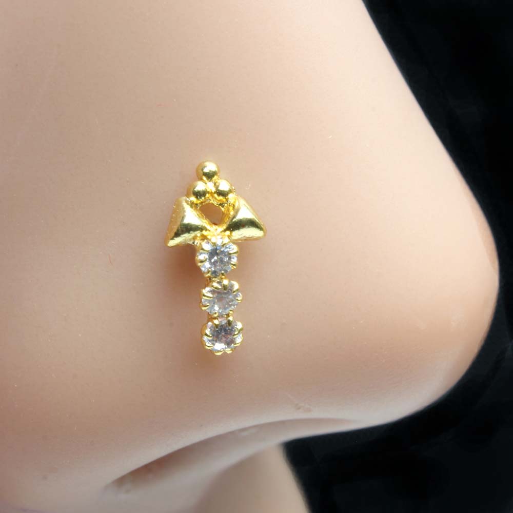 Vertical Gold Plated Nose Stud White CZ Twisted nose ring 22g