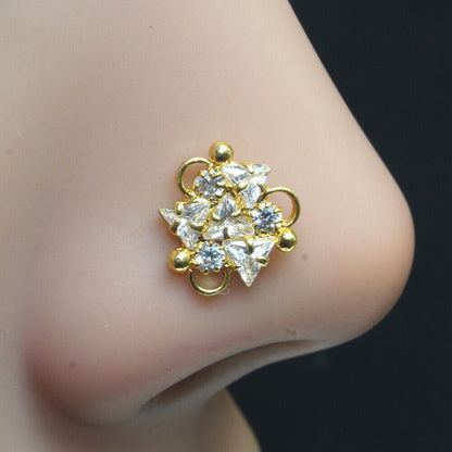 Floral Gold Plated Nose Stud White CZ L Bend nose ring 22g