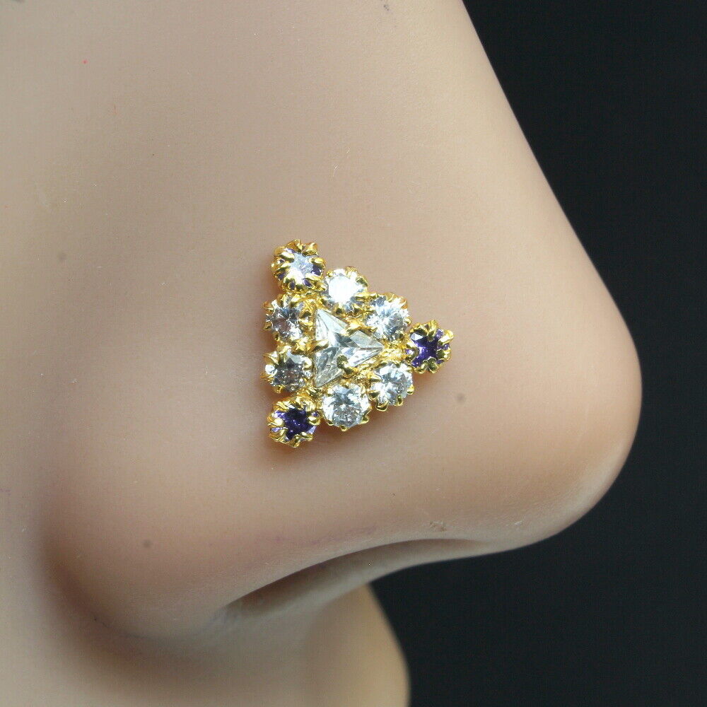 Triangle Style Floral Gold Plated Nose Stud White CZ L Bend nose ring 22g