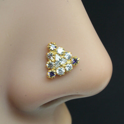 Triangle Style Floral Gold Plated Nose Stud White CZ L Bend nose ring 22g