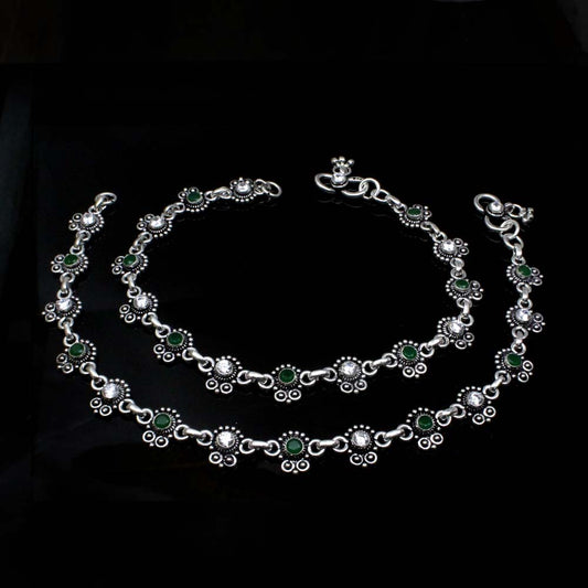 Cute Real Oxidized 925 Silver Indian Style Women CZ Anklets Ankle 10.3"