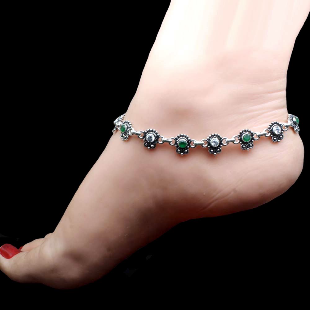 Cute Real Oxidized 925 Silver Indian Style Women CZ Anklets Ankle 10.3"