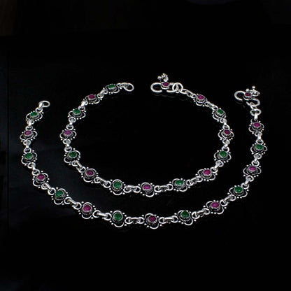 Indian Traditional Real Oxidized 925 Silver CZ Anklets Ankle 10.3"