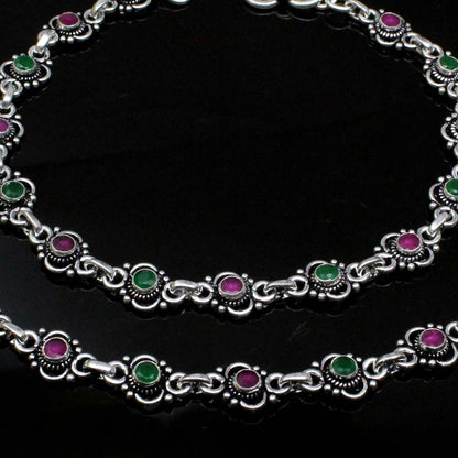 Indian Traditional Real Oxidized 925 Silver CZ Anklets Ankle 10.3"