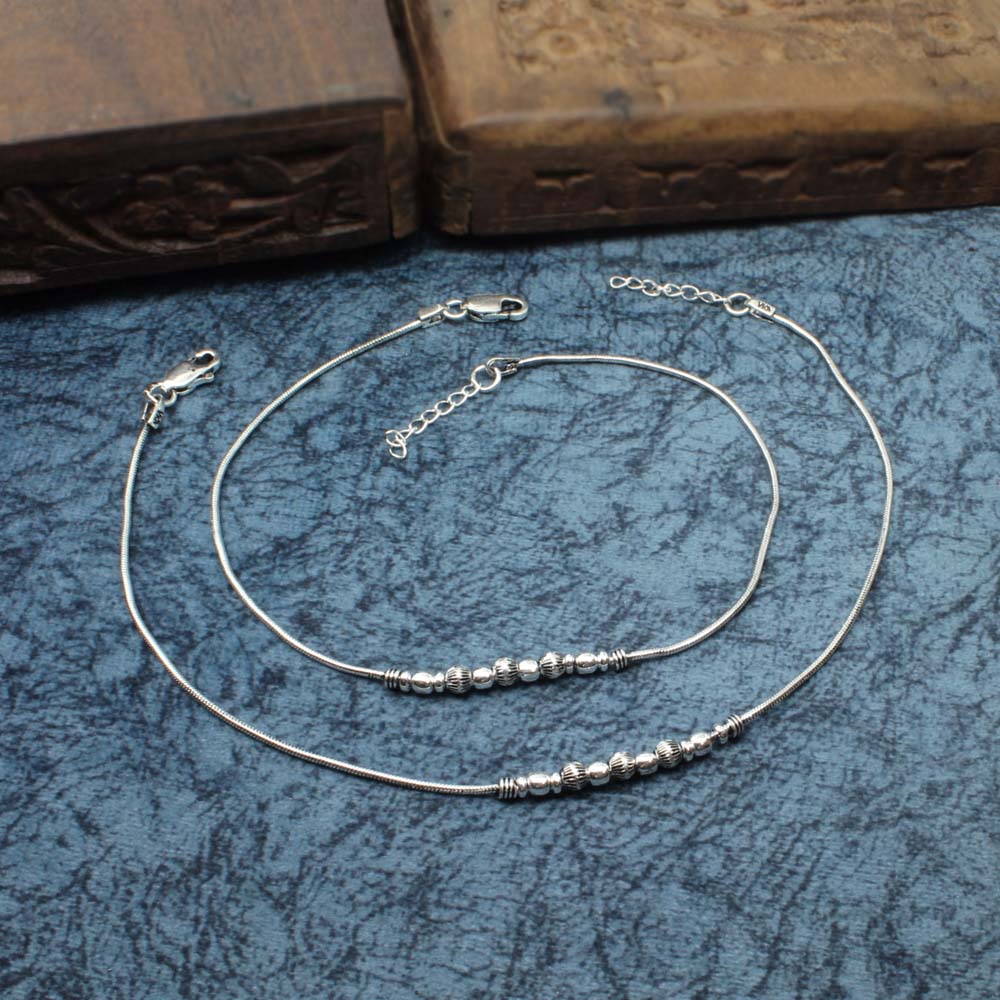 Hot Women Oxidized Anklets Real Sterling Silver Bracelet Pair 10.5"