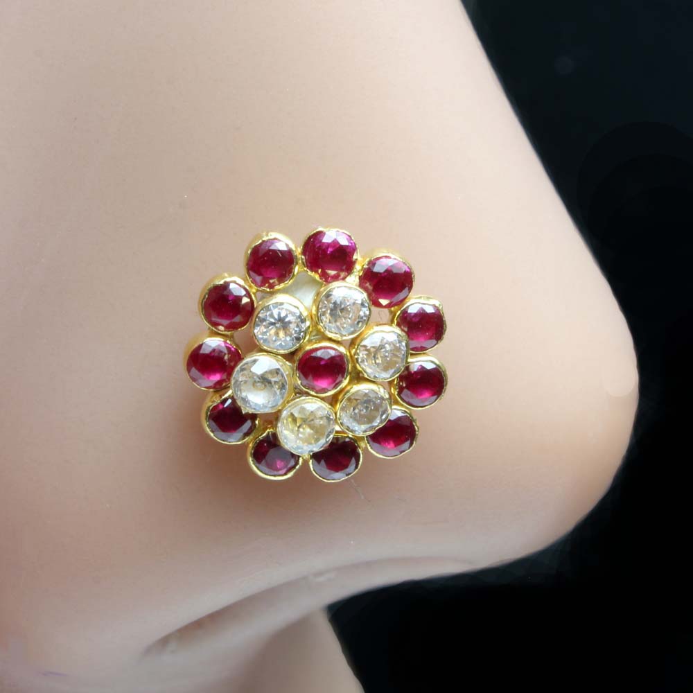  Real gold Nose ring with pink and white shiny stones