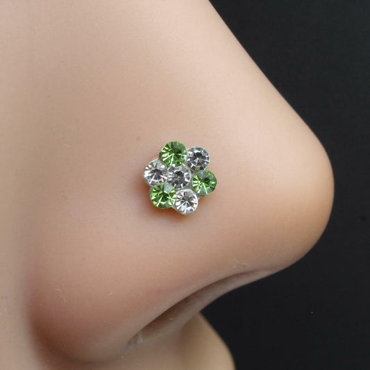Silver Plated Green white Nose stud push pin
