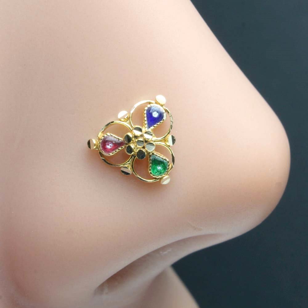 Traditionally Real Solid Gold 14K Indian nose Stud nose ring Push Pin –  Karizma Jewels