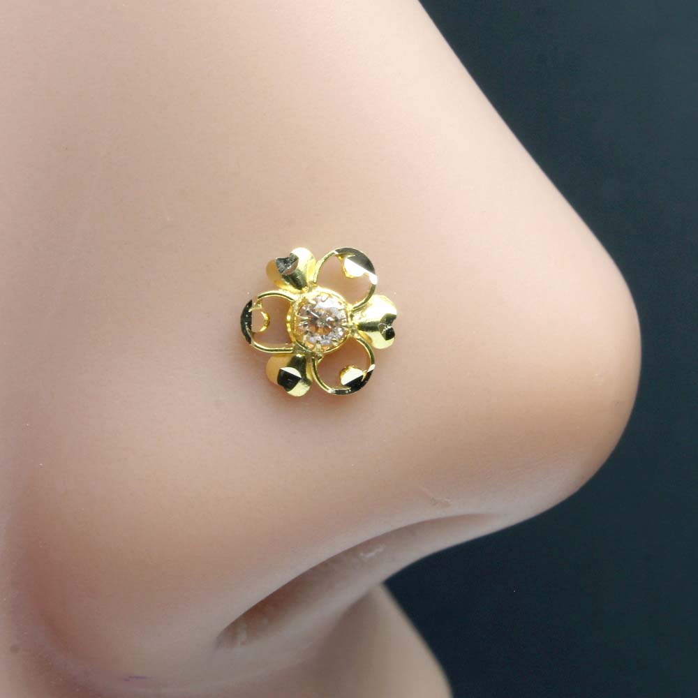 14K Real Gold Floral Nose Stud Indian Style Push Pin Nose Ring – Karizma  Jewels