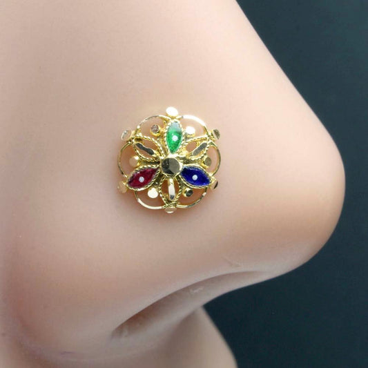 Cute 14K Real Gold Floral Nose Stud Indian Push Pin Nose Ring