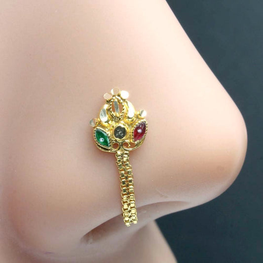 Ethnic 14k Real Gold Indian Chain Style Dangle nose ring Push Pin