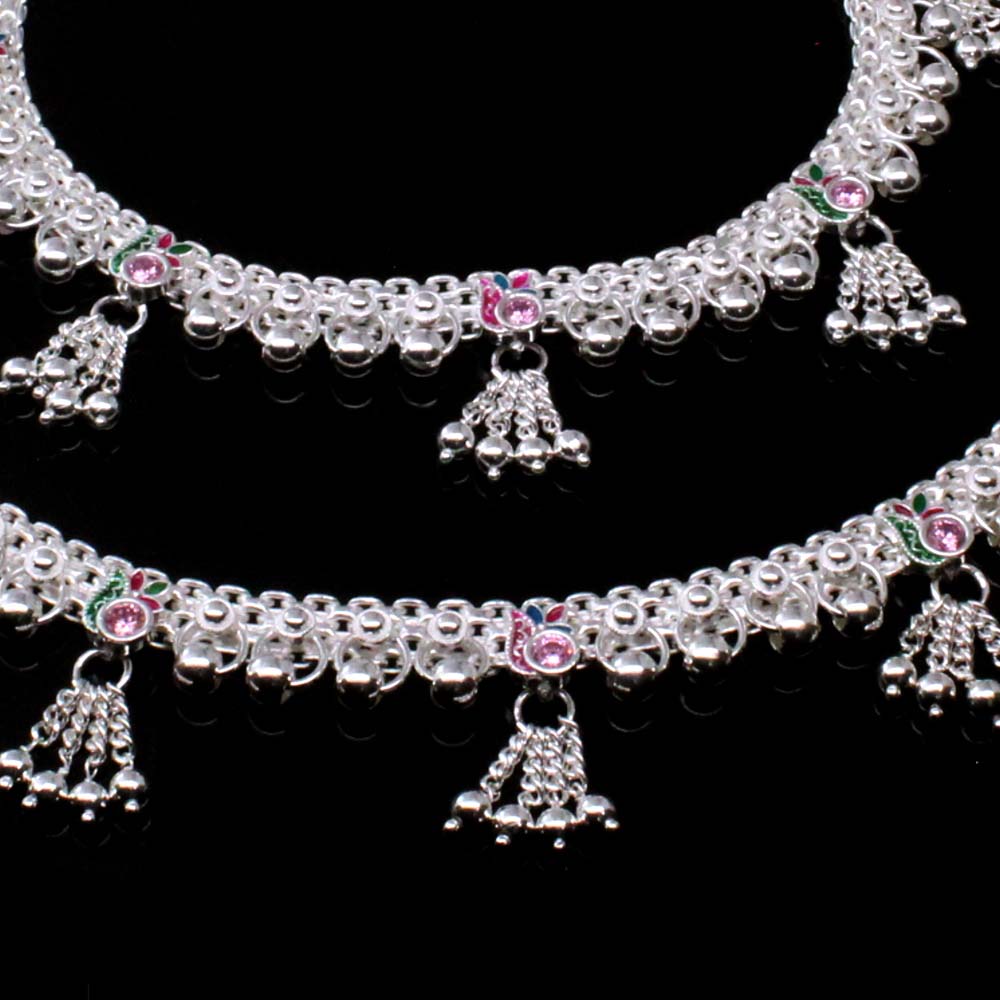 Indian Bridal Real Sterling Silver Anklets CZ Bracelet Pair 10.8"