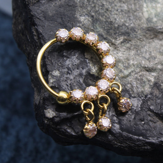 18K Real Gold Indian White CZ Left Nose Ring