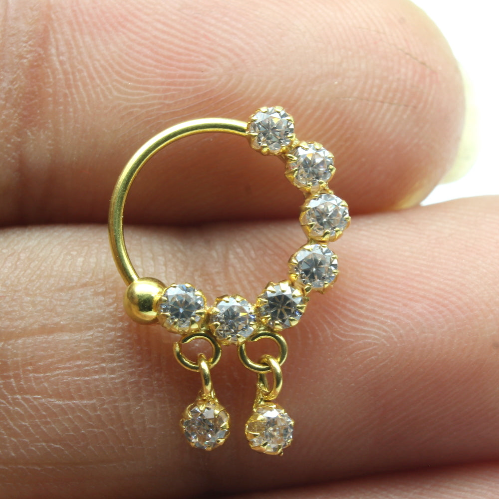 18K Real Gold Nose ring with Dangle stone 