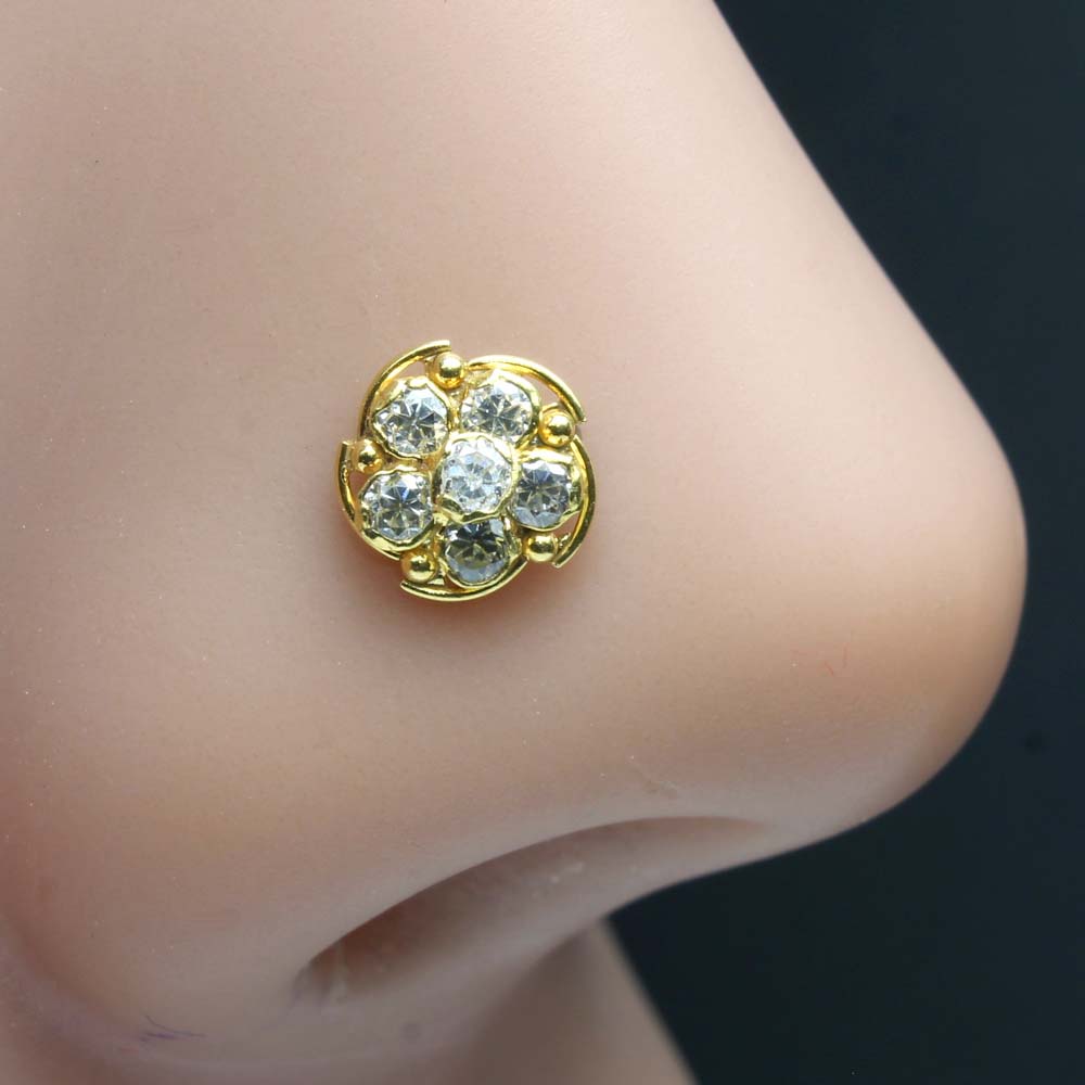 Real Gold 14K White CZ Indian nose ring