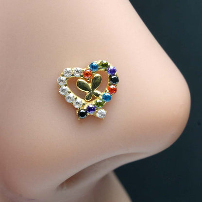  Heart Style Multi CZ Corkscrew Nose Stud 14k Real Gold