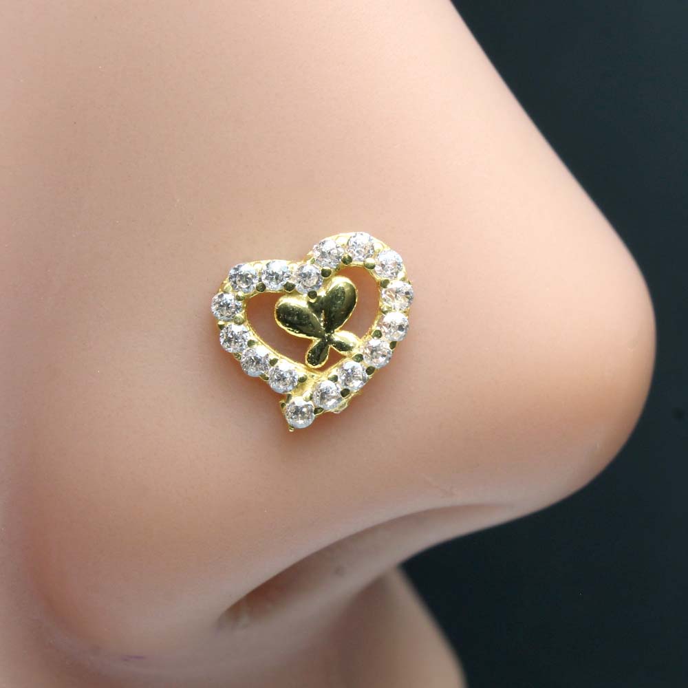 Heart Style 14k Real Solid Gold CZ Nose Stud