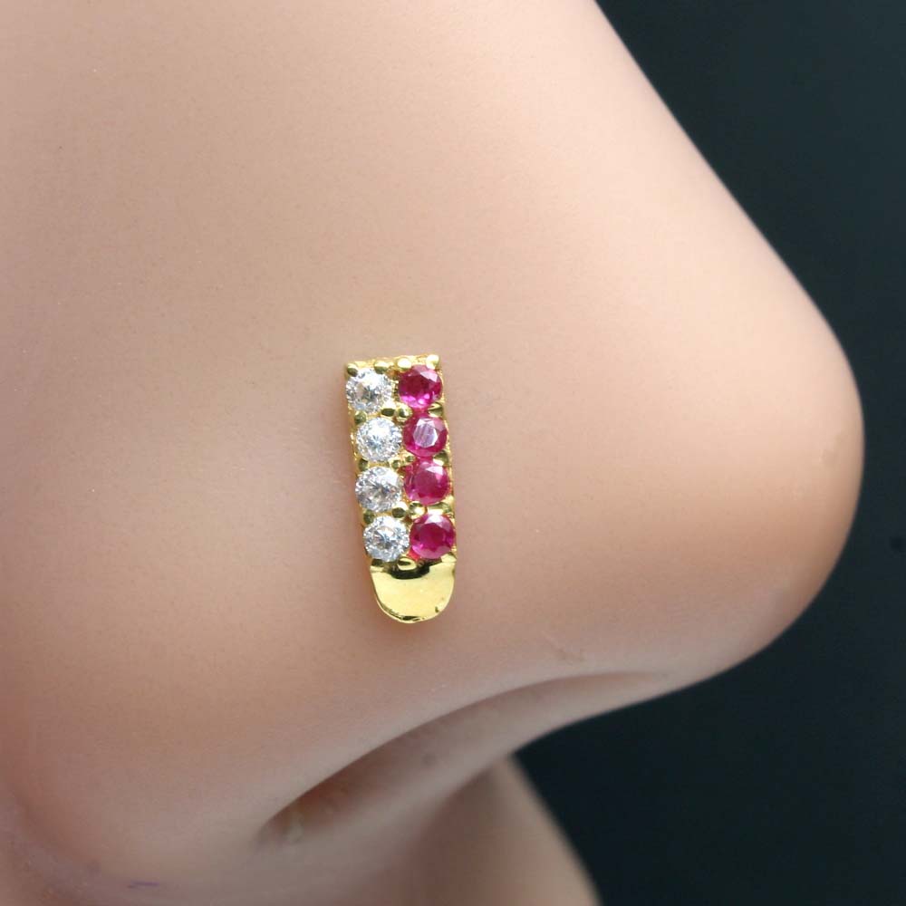 Asian Vertical 14k Real Gold CZ  Nose Stud 