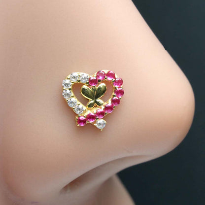 Asian 14K Real Gold Cute Heart CZ  Nose Stud