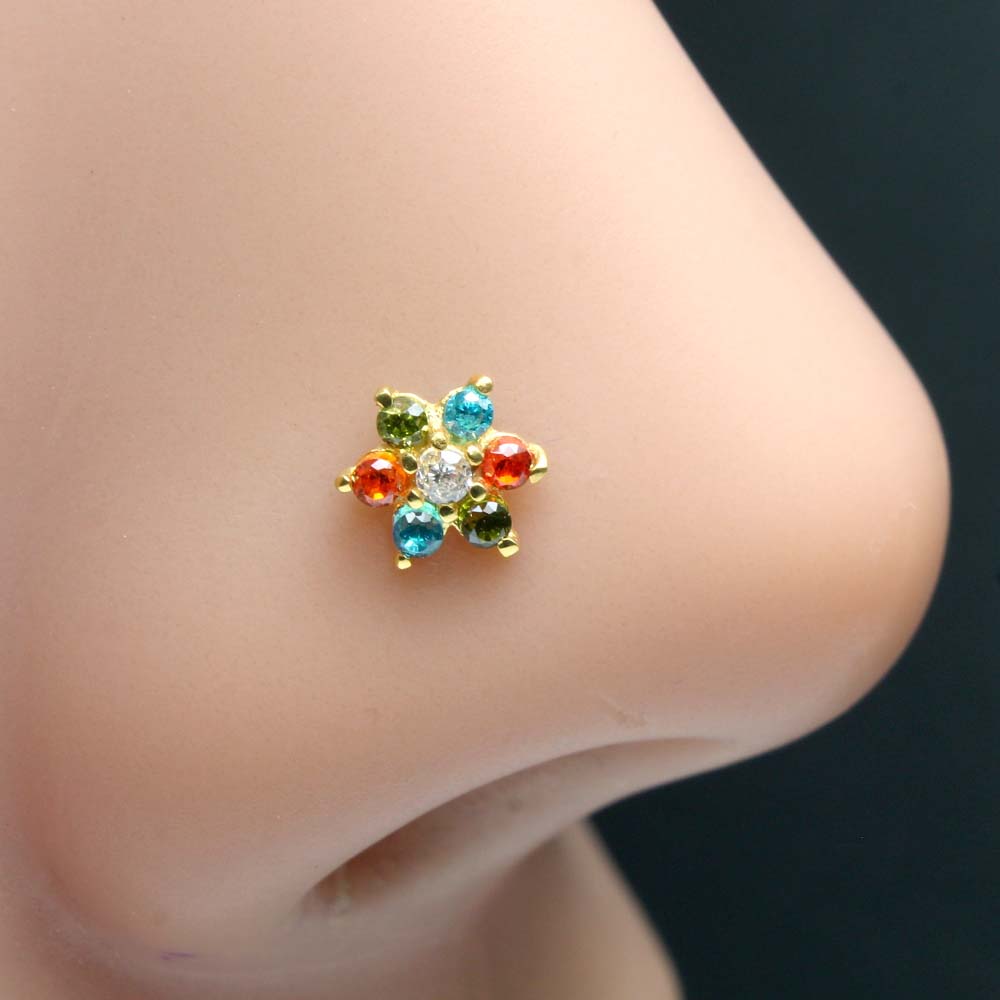 Floral Style 14K Real Gold CZ  Nose Stud