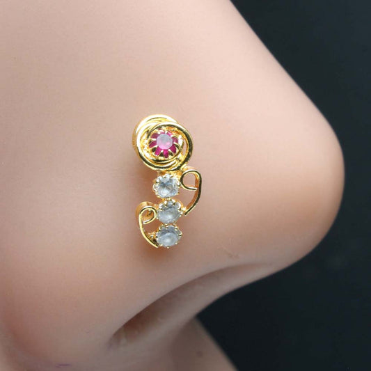 Ethnic Indian Style Nose ring CZ corkscrew nose stud 20g