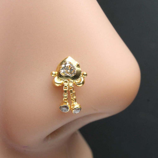 Gold Plated Nose Stud White CZ corkscrew nose ring