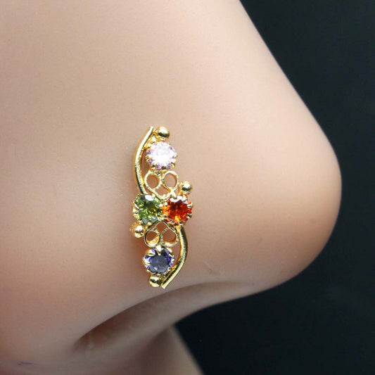 Gold Plated IndianNose Stud CZ Twisted nose ring 22g