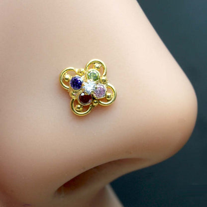 Floral Gold Plated CZ Twisted Nose Stud 24g