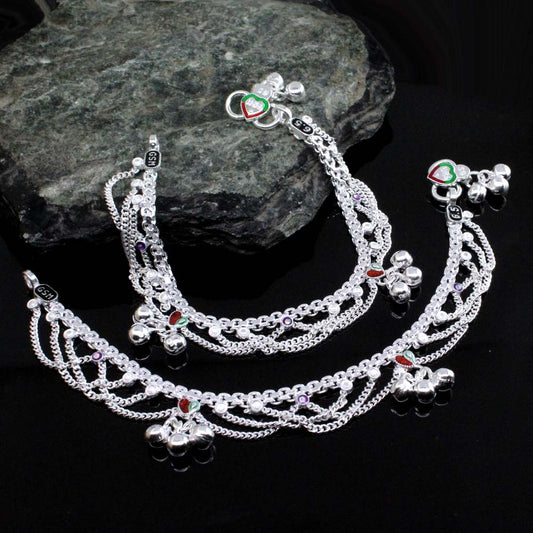 Real Solid Sterling Silver Jhallar Anklets Ankle chain Bracelet Kids 6.5"