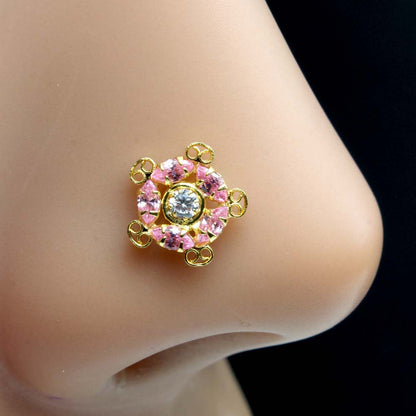 Floral Indian Gold Plated Nose Stud Pink White CZ Twisted nose ring 20g