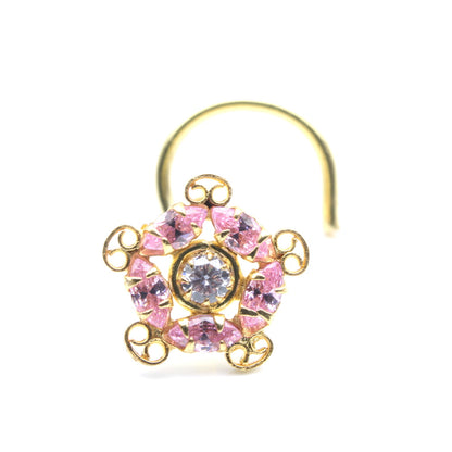 Floral Indian Gold Plated Nose Stud Pink White CZ Twisted nose ring 20g