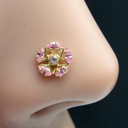 Ethnic Style Gold Plated Nose Stud Pink White CZ Twisted nose ring 20g