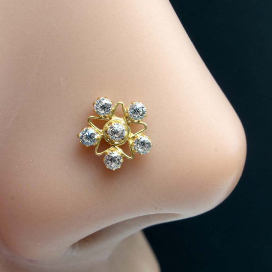 Gold Plated Nose Stud Pink White CZ Twisted nose ring 20g