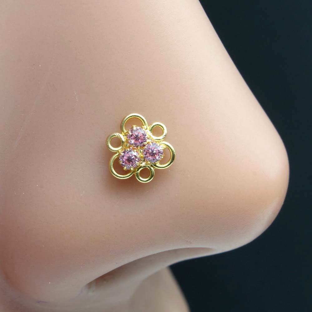 Tiny Gold Plated Nose Stud Pink CZ Twisted nose ring 20g