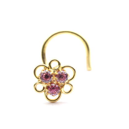 Tiny Gold Plated Nose Stud Pink CZ Twisted nose ring 20g