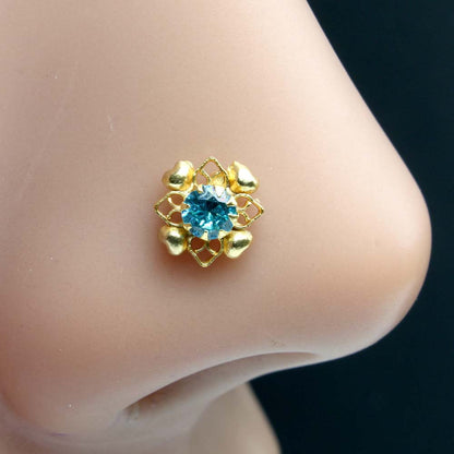 Asian Indian Gold Plated Nose Stud Blue CZ Twisted nose ring 20g