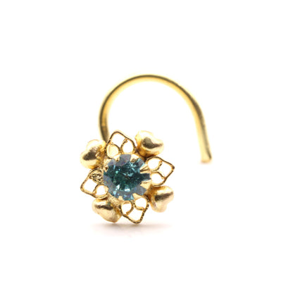 Asian Indian Gold Plated Nose Stud Blue CZ Twisted nose ring 20g