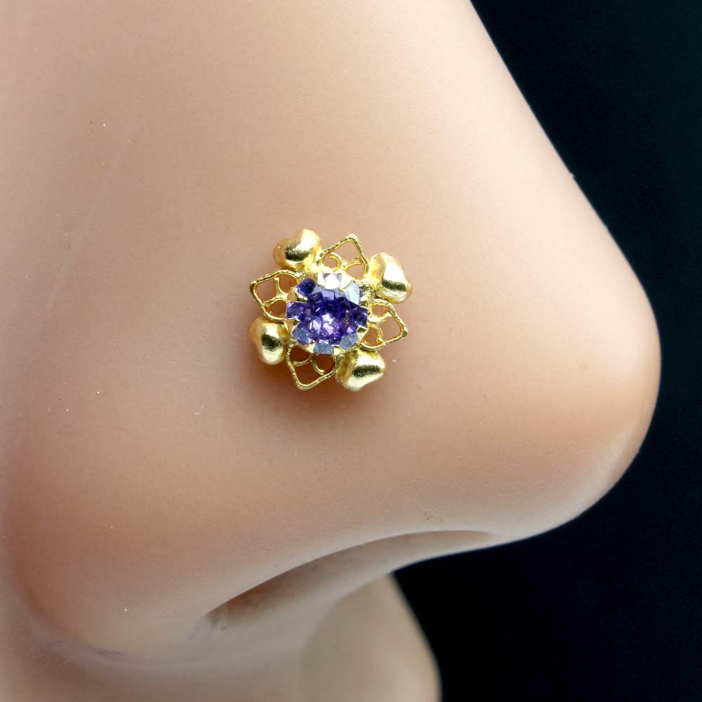 Gold Plated Nose Stud Violet CZ Twisted nose ring 20g