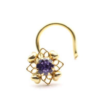 Gold Plated Nose Stud Violet CZ Twisted nose ring 20g