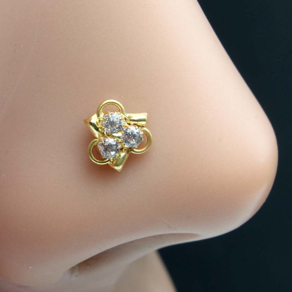 Indian Style Gold Plated Nose Stud White CZ Corkscrew nose ring 20g